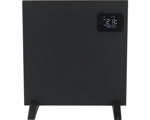 Zwarte radiator met digitaal display en voeten