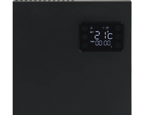 Close-up van een zwarte radiator met digitale display voor temperatuur en tijd