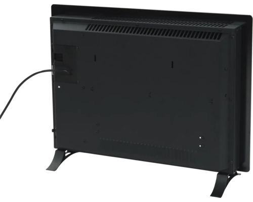 Achterkant van een verwarming met snoer en voeten.