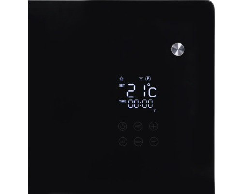 Close-up van een zwarte verwarming met digitale weergave van temperatuur en tijd.