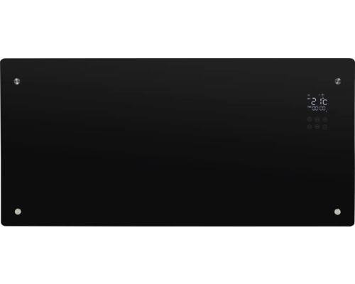 Zwarte glazen verwarming met digitale display voor temperatuurregeling.