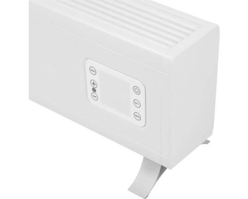 Detailaanzicht van een radiator met bedieningspaneel en poten.