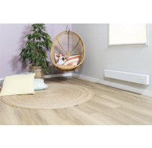 Woonkamer met rotan stoel, rond jute tapijt, kamerplant en wandverwarming