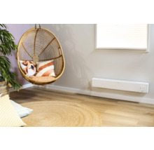 Woonkamer met rotan stoel, kussens, vloerkleed en radiator