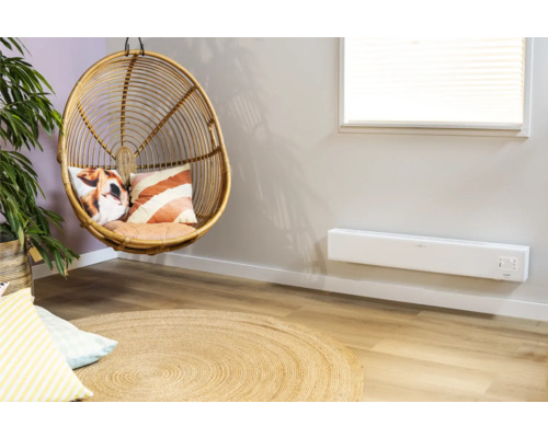 Woonkamer met rotan stoel, kussens, vloerkleed en radiator