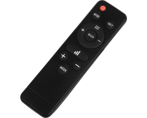 Zwarte afstandsbediening met verschillende knoppen.