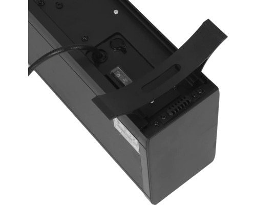 Achterkant van een zwart elektronisch apparaat met kabel, schakelaar en beugel