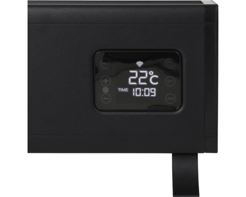 Close-up van een zwarte radiator met digitale display.