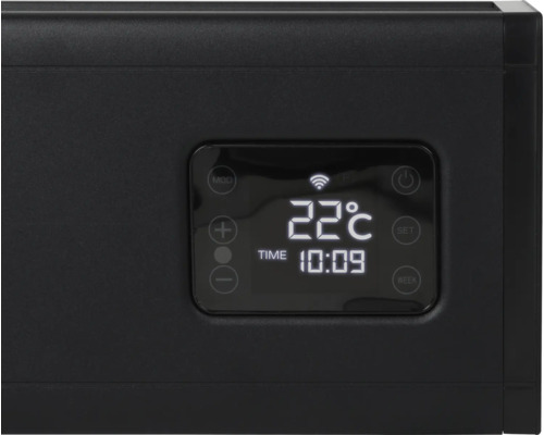 Zwarte thermostaat met digitale weergave van temperatuur en tijd