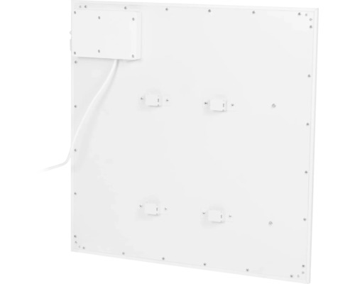 Achterkant van een verwarmingspaneel met aansluitdoos en montagevoorzieningen