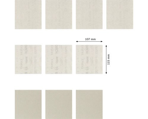 Elf schuurvellen met afmetingen van 107 mm bij 115 mm.