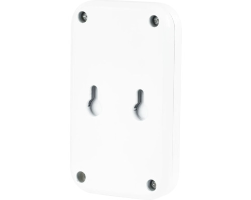 Achterkant van een rechthoekig, wit apparaat met schroeven en ophanggaten