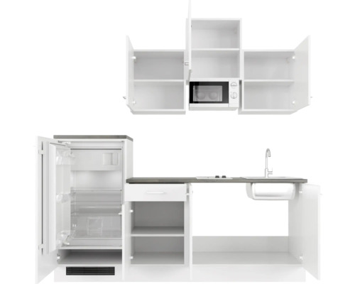 Keukenblok met spoelbak, koelkast en magnetron