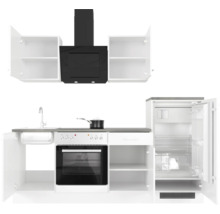 Complete kitchenette met spoelbak, kooktoestel, afzuigkap en koelkast
