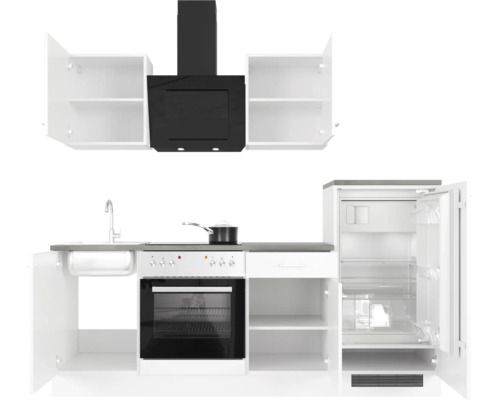 Complete kitchenette met spoelbak, kooktoestel, afzuigkap en koelkast