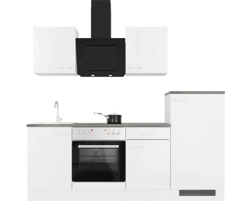 Keukenblok met bovenkasten, afzuigkap, spoelbak, fornuis met oven en koelkast