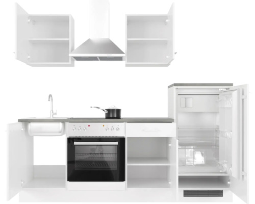 Keukenblok met spoelbak, fornuis, afzuigkap en koelkast