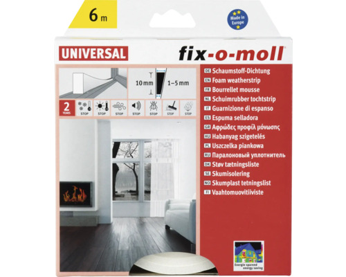 FIX-O-MOLL Universal schuimrubber tochtband zelfklevend wit 10 mm x 1-5 mm x 6 m