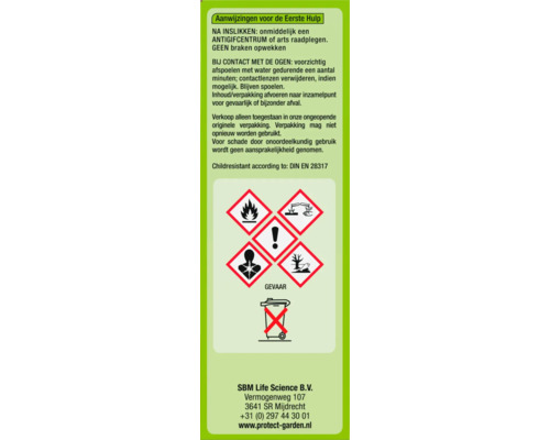 Instructies voor eerste hulp en gevarensymbolen op de productverpakking.