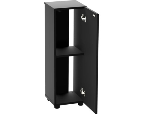 Zwarte onderkast met open deur en één plank