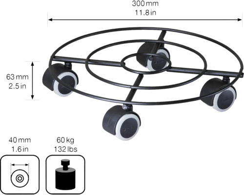 Rolonderzetter met drie wielen, diameter 300 mm, draagvermogen 60 kg