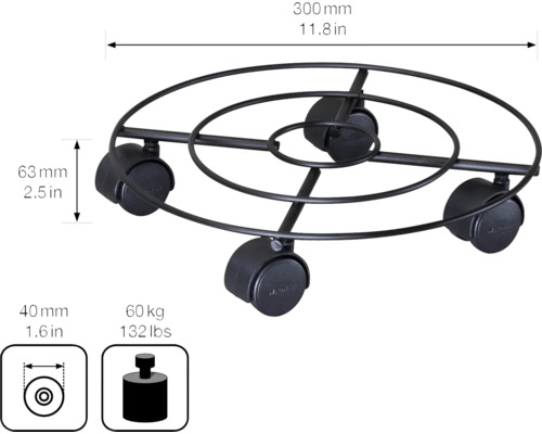 Plantenroller van metaal, diameter 300 millimeter, met een maximaal draagvermogen van 60 kilogram