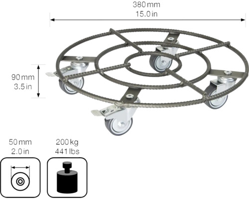 Stalen rolonderzetter met vier wielen, diameter 380 mm