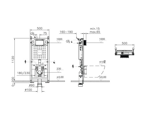 Technische tekening van een inbouwreservoir met afmetingen