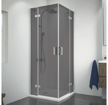 Hoekdouche met grijs glas en wit frame in de badkamer