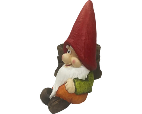 Decoratief tuinbeeld tuinkabouter met boomstronk als plantenbak