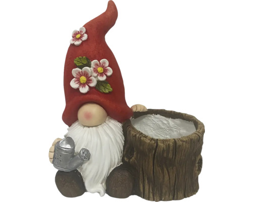 Tuinkabouter met boomstronk plantenbak en gieter