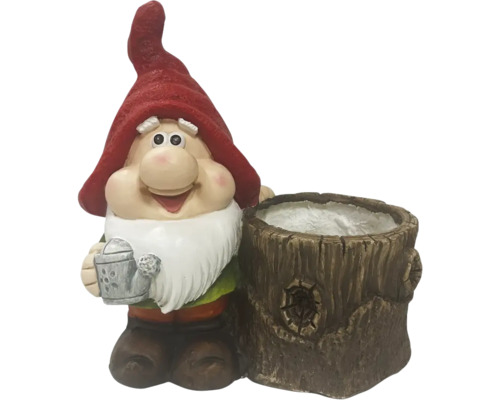 Tuinkabouter met boomstronk plantenbak