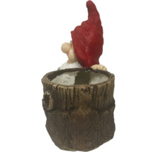 Bloempot in de vorm van een boomstronk met tuinkabouter