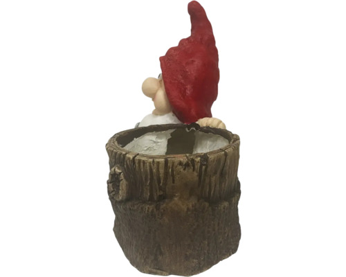 Bloempot in de vorm van een boomstronk met tuinkabouter