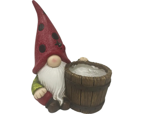 Tuinkabouter met plantenbak in de vorm van een houten vat