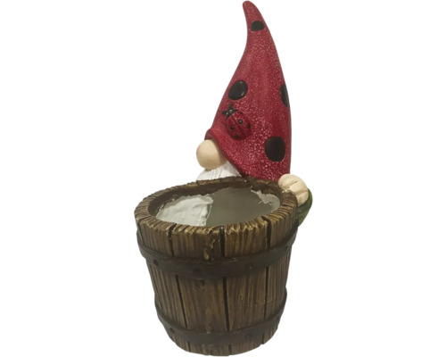 Tuinkabouter met plantenbak in de vorm van een houten vat