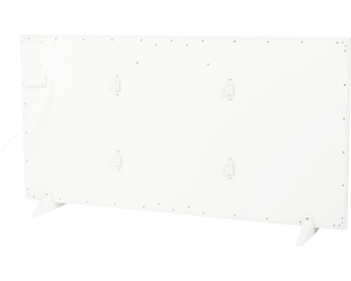 Achterkant van een witte infraroodverwarming met standvoeten en wandmontage