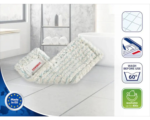Leifheit Logo. Vloerwisserhoes in de badkamer met symbolen voor tegelvloer, geschikt voor wissysteem, wasbaar op 60 graden en tot 400 keer herbruikbaar, plus Made in EU keurmerk.