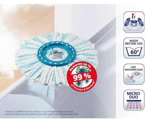 Vloermop met symbolen voor gebruik en reiniging