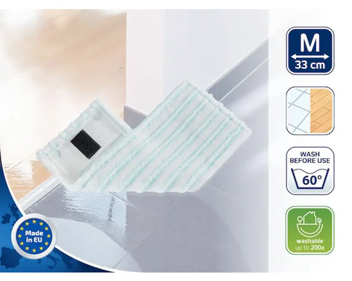 Vloermop met de afmetingen medium, 33 centimeter. Wasbaar tot 60 graden. Geschikt voor diverse vloertypes. Wasbaar tot 200 keer. Gemaakt in de EU.