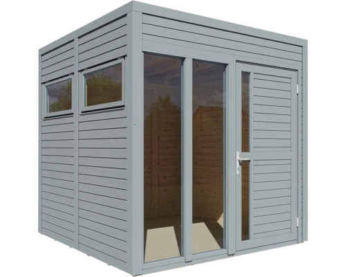 Grijs tuinhuis met ramen en deur