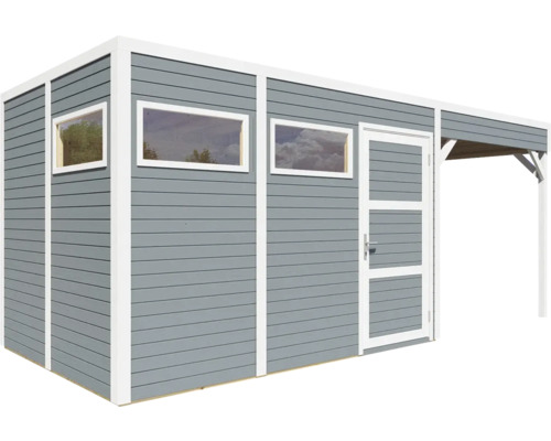 Tuinhuis met ramen, deur en houten overkapping