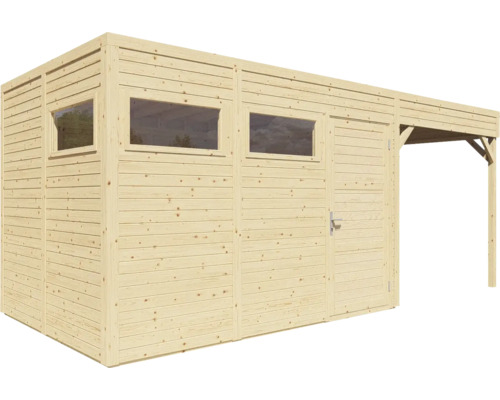 Houten tuinhuis met ramen, deur en overkapping