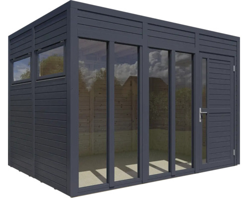 Modern tuinhuis met ramen en deur.