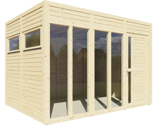 Houten tuinhuis met ramen en deur