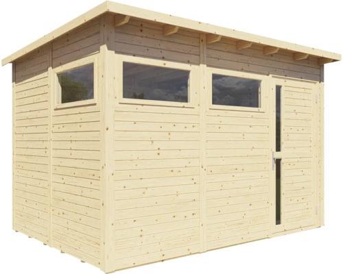 Houten tuinhuis met ramen en een deur