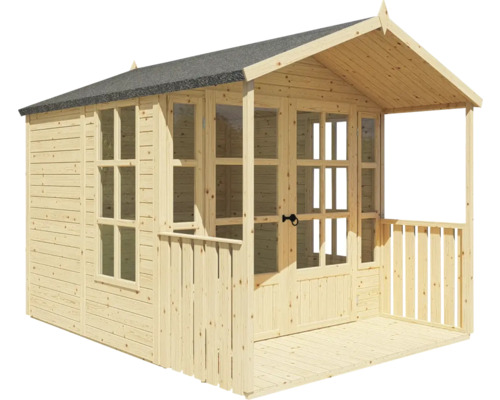 Houten tuinhuis met ramen, deur en veranda