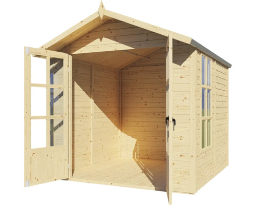 Houten tuinhuis met openstaande dubbele deuren