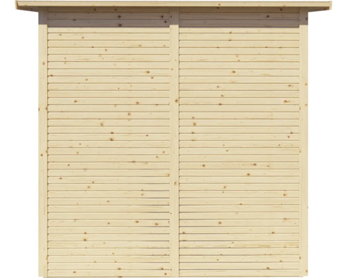 Houten gevel van horizontale planken voor een tuinhuis
