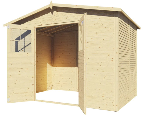 Open houten tuinhuis met dubbele deur en ramen